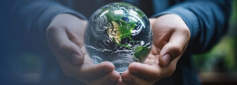 A man holds a globe in his hands.