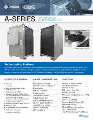 A series chiller spec sheet, cut sheet thumbnail, dimplex thermal, koolant koolers